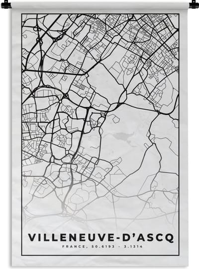 Wandkleed - Wanddoek - Kaart - Stadskaart - Frankrijk - Villeneuve-D'Ascq - Plattegrond - Zwart wit - 120x180 cm - Wandtapijt