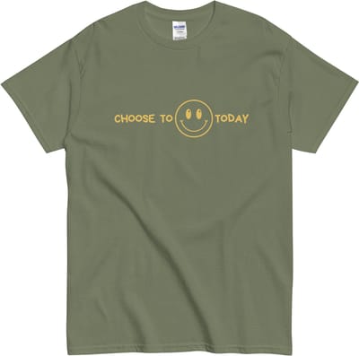 Motiverend Tshirt Dames Heren - Gele Smiley - Kies voor een Lach - Khaki Groen - S
