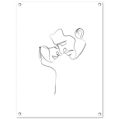 Tuinposter 60x80 cm - Tuindecoratie Abstracte line art van een koppel die de hoofden bij elkaar houdt - Poster voor in de tuin - Buiten decoratie - Schutting tuinschilderij - Tuindoek muurdecoratie - Wanddecoratie balkondoek