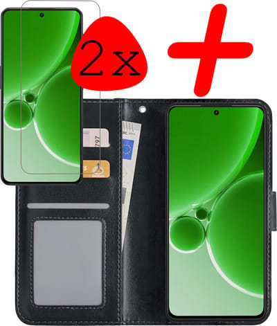 Hoesje Met 2x Screenprotector - Geschikt voor OnePlus Nord 3 - Luxe Pasjeshouder - Bookcase Portemonee - Flip Case - Kunstleer Book Case - Flipcase Hoes - Book Cover - Walletcase - Portemonneehoes - Zwart