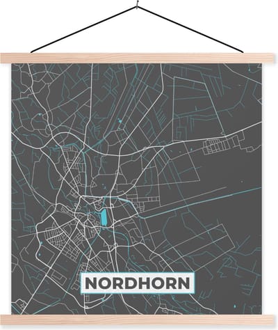 Posterhanger incl. Poster 40x40 cm - Schoolplaat - Blauw – Duitsland – Plattegrond – Stadskaart – Kaart – Nordhorn - Textielposter - Blanke latten - Stadskaart
