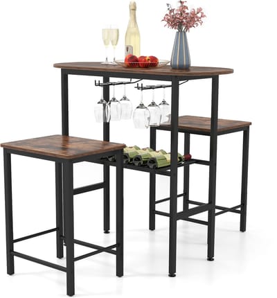COSTWAY Bartafel met barkrukset, 2 personen, bartafel set met houders voor wijnglazen en flessen, aanrecht, huisbar voor woonkamer, eetkamer en keuken (vintage)
