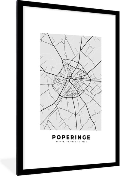 Fotolijst incl. Poster Zwart Wit- België – Poperinge – Stadskaart – Kaart – Zwart Wit – Plattegrond - 60x90 cm - Posterlijst