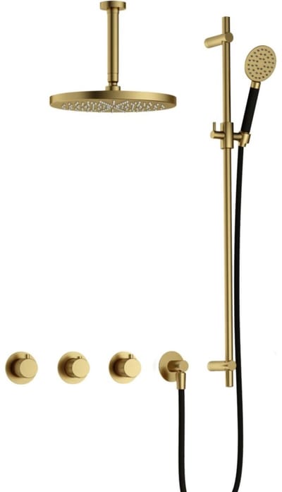 Hotbath Cobber X - CX7067 - Inbouw Regendoucheset - Geborsteld Messing PVD - 2 Stopkranen - Thermostatisch - Plafondbuis 15 cm - Hoofddouche 300 mm - Ronde Handdouche 3 Standen - Glijstang 900 mm - met M106 - Waterbesparend
