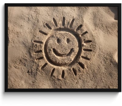 Poster in lijst - Fotolijst 80x60 cm - Posters - Gezichtje - Zon - Zand - Getekend - Posterlijst zwart - Decoratie - Wanddecoratie woonkamer - Muurdecoratie slaapkamer
