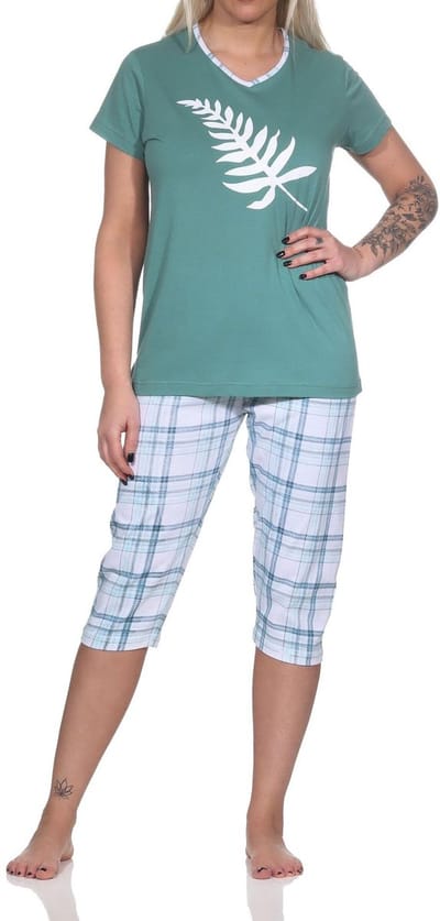 Elegante capri-damespyjama met geruite ¾ broek en print op de voorkant