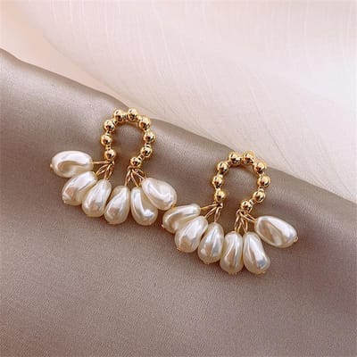 Witte Schelp Bloem Parel Stud Oorbellen Voor Vrouwen Bal Dubbelzijdig Elegante Oorbellen Set Verfijnde Vintage Mode Sieraden brown