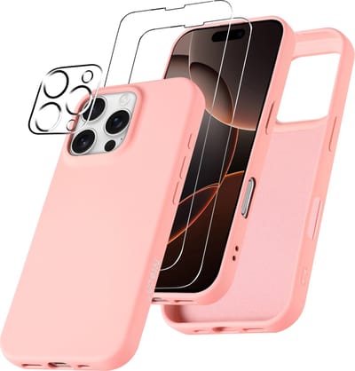 Hoesje Geschikt voor iPhone 16 Pro Max – Zacht siliconen liquid backcover met 2x screenprotectors gehard glas en 1x lens protector – Licht Roze