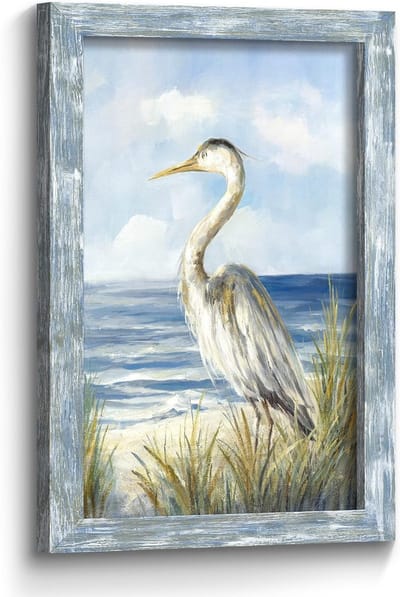 Ingelijst Vogel Schilderij - Oceaan Kunstwerk - Wanddecoratie - Houten Frame - 91 x 60 cm - Blauw Wit
