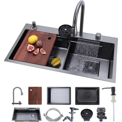 VEVOR Inbouwspoelbak 850 x 460 x 236 mm, Inbouwspoelbak met geïntegreerde opstap, watervalkraan en snijplank, enkele kom. Geschikt voor campers, voorbereidingskeukens, wasruimtes en bars.
