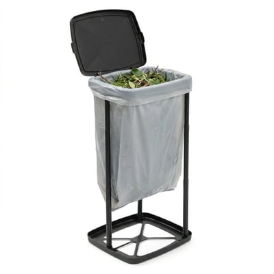 Cheqo® Vuilniszakhouder Opvouwbaar - Afvalzakhouder met Deksel - Inklapbare Prullenbak voor Camping en Tuin - Vuilniszakrek - Afvalbak Opvouwbaar - Campingafvalbak - Afvalzakstandaard - Vuilniszakstandaard voor Buiten - Zwart