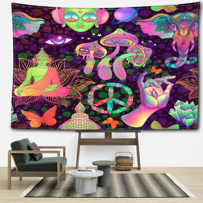 Abstracte Paddenstoelen En Boeddhabeelden Wandkleed Muurdecoratie Hekserij Mysterieus Hippie Tapijt Slaapkamer Huisdecoratie 95x73CM