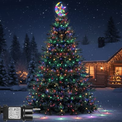 MUPOO LED Kerstboom voor buiten - 3,47 meter - 350 ledlampjes - Kerstdecoratie - Multicolour Licht - met 8 modi - Timer - Watervalverlichting - Waterval kerstboomverlichting met maanster als topversiering
