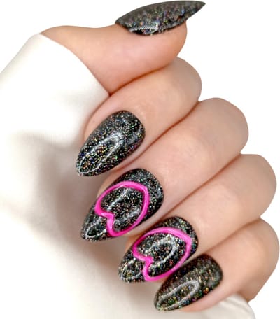 SD Press on Nails - No. 44 Electric Heart - Medium Stiletto - Zwart - Glitter - Neon Hartje - Plaknagels - Gelnagels - Handgemaakte Nagels - 20 stuks - Cosplay - Accessoires - (gel)Nagellak - Nagelstudio - Nail Art - Nagels met lijm - M Nageltips