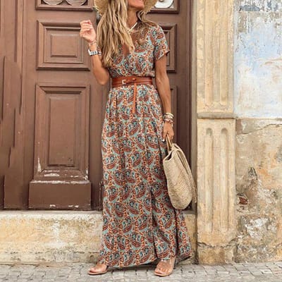 Vrouwen Zomer Mode Boho Stijl V-hals Bloemenjurk 2XL bruin