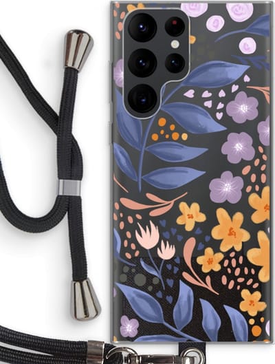 Case Company® - Hoesje met koord geschikt voor Samsung Galaxy S22 Ultra hoesje met Koord - Flowers with blue leaves - Telefoonhoesje met Zwart Koord - Bescherming aan alle Kanten en Over de Schermrand