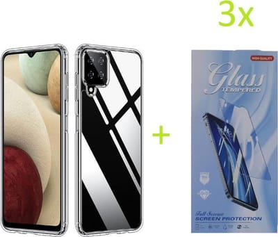Soft Back Cover Hoesje Geschikt voor: Samsung Galaxy A12 Transparant TPU Siliconen Soft Case + 3X Tempered Glass Screenprotector