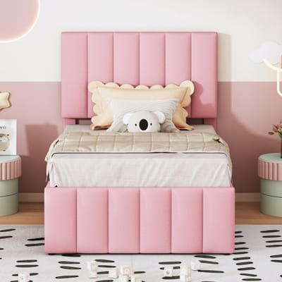 Gestoffeerd Bed 90x200 cm met Uittrekbed en Opberglades – Zacht Linnen, Kinder-, Jeugd- en Logeerbed, Roze