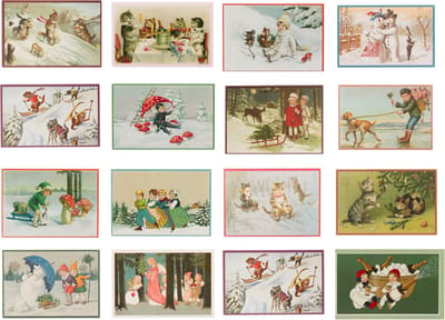 Nostalgische kerstkaarten - 16 stuks - Franz Josef - Klassieke Vintage afbeeldingen - Winter - Sneeuw - Feestelijk - Jaarwisseling - Oude Brocante kerstkaarten