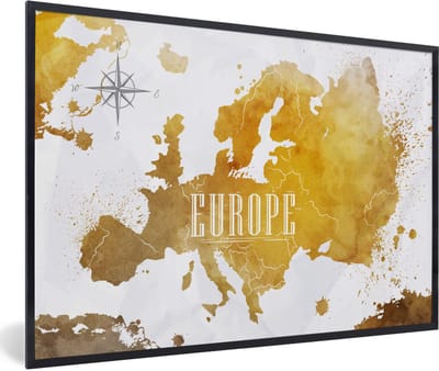Poster in lijst - Fotolijst 90x60 cm - Posters - Wereldkaarten - Europa - Goud - Posterlijst zwart - Decoratie - Wanddecoratie woonkamer - Muurdecoratie slaapkamer