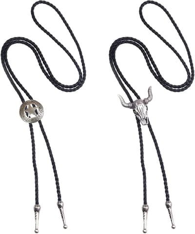 Unisex Leren Cowboy Kraag Set - Wild West Thema met Cow Skull en Texas Ranger Ster, Verstelbare Bolo Ties voor Mannen en Vrouwen, Perfect voor Feestjes en Kostuums
