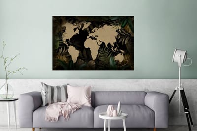 Aluminium schilderij 180x120 cm - Wanddecoratie metaal - Wereldkaart - Tropische planten - Bloemen - Metalen muurdecoratie woonkamer - Decoratie industrieel - Foto op dibond - Industriële accessoires slaapkamer