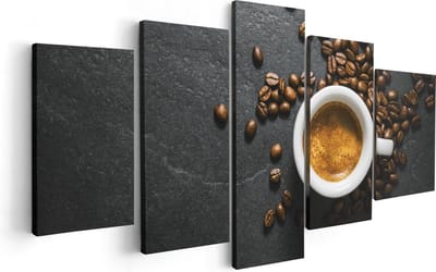 Artaza Canvas Schilderij Vijfluik Kopje Koffie Met Koffiebonen - 100x50 cm - Wanddecoratie Woonkamer - Schilderijen - Muurdecoratie