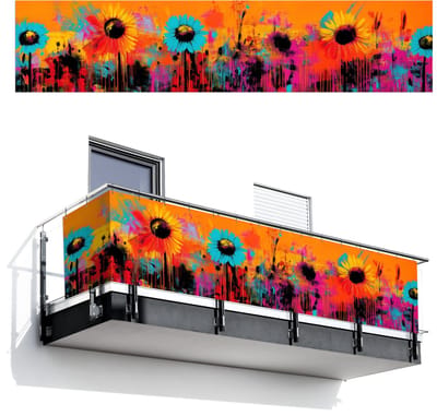 Balkonscherm 500x110 cm - Balkonposter Zonnebloemen - Abstract - Oranje - Balkon scherm decoratie - Balkonschermen - Balkondoek zonnescherm