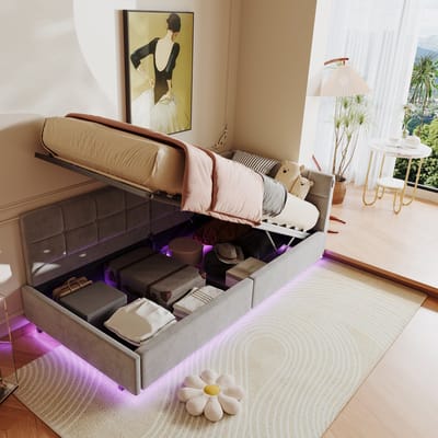 Gestoffeerd bed 90x200 cm met opbergruimte, LED-verlichting en USB-poorten – multifunctioneel opbergbed / slaapbank van fluweel grijs eenpersoonsbed met lattenbodem zonder matras