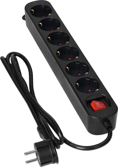 Stekkerdoos met schakelaar - Verdeelstekker 6 voudig - Stekkerblok Extra smal - Verdeeldoos met 1,5 Meter kabel - Zwart