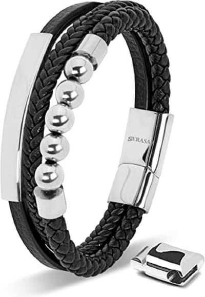 SERASAR Lederen Armband Heren [Pearl] - Zilver 23cm - Onvergetelijk Cadeau voor Hem