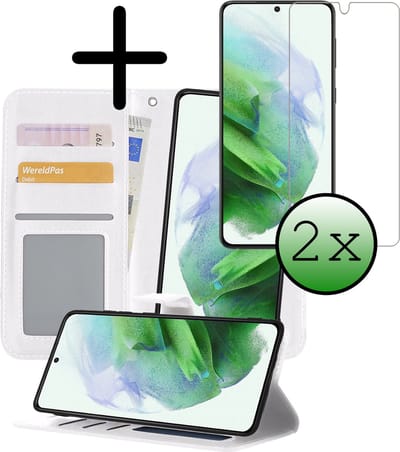Hoesje 2 in 1 - Geschikt voor Samsung Galaxy S21 - Met 2x Screenprotector - En Uitneembare Hard Cover - Bookcase - Wallet Case - Met Pasjeshouder - Book Case - Uitneembaar - Pashouder - Kunstleer - Wit