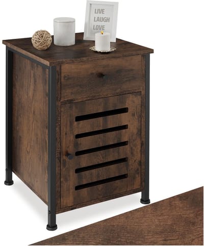 tectake® Bijzettafel met lade en kast - Nachtkastje in industrieel design - Voor woonkamer, slaapkamer, kantoor, hal - Zwart metalen frame - Afmeting (LxBxH) 40 x 42 x 60,5 cm - Bruinbruin