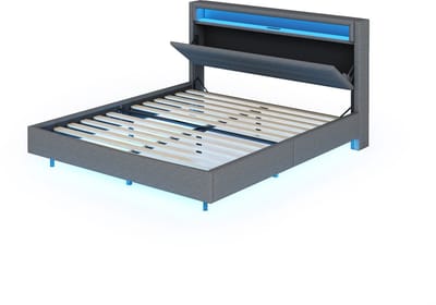 Merax Tweepersoonsbed 160x200 met USB Aansluiting en Verlichting - Gestoffeerd Bed met Opbergruimte in Hoofdbord - Grijs