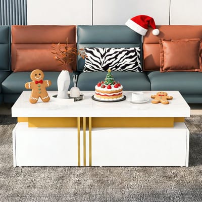 REDOM Rechthoekige Salontafel Hoogglans Marmerlook met 2 Lades en Goudaccent 100×50×40 cm Wit