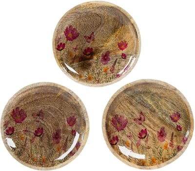 Houten bordjes met bloemen en vlinders, naturel roze, Ø15 cm, 3 stuks,