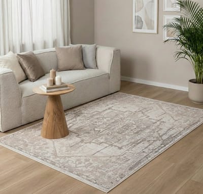 Flycarpets Ancora Vintage vloerkleed - Creme / Beige / Lichtgrijs - Laagpolig Tapijt - 80x150 cm