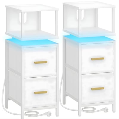 Nachtkastjes Set van 2 – Voor Slaapkamer & Woonkamer – Smalle Bijzettafels met 2 Stoffen Lades en Planken – Wit