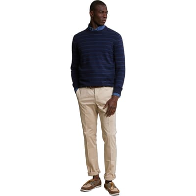 River Woods Custom Fit Striped Cotton Crew Neck Sweater Navy Mix Size: S | Sweaters Outlet | Heren | Blauw