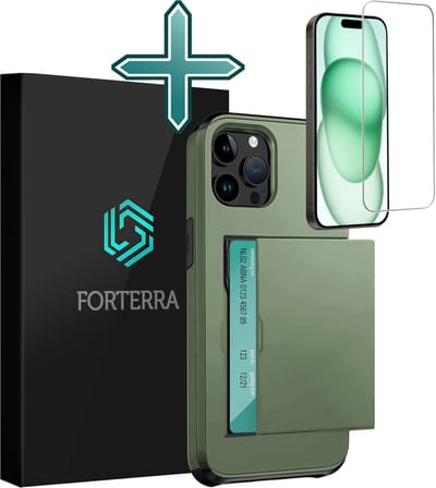 Hoesje Geschikt voor iPhone 15 Pro Pashouder Hard Case Hoes Met Screenprotector - Hoes Geschikt voor iPhone 15 Pro Hoesje Back Cover Met Pasjeshouder - Donkergroen