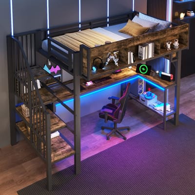 Hoogslaper - 90x200 - Bruin-Zwart Hoekb., Opb., Prikbord - USB-C LED Stopc. - EN747 - Onbekend - Bruin-Zwart