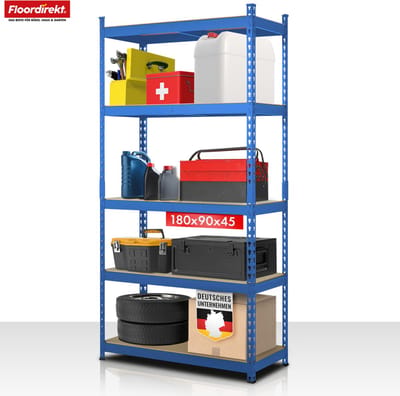 FLOORDIREKT Stellingen voor Zwaar Gebruik Rhino - Opbergrekken met 5 Legplanken - 1050 kg Draagvermogen - Innovatief Insteeksysteem - Blauw - 180 x 90 x 45 cm