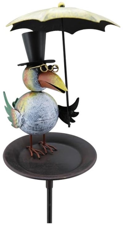 Tuinsteker met Voederplaats en Drinkbakje – Grappige Vogel met paraplu van Metaal 18x18x137 cm