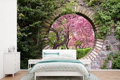 Behang - Fotobehang Doorkijk - Sakura - Bloesem - Japans - Breedte 450 cm x hoogte 300 cm