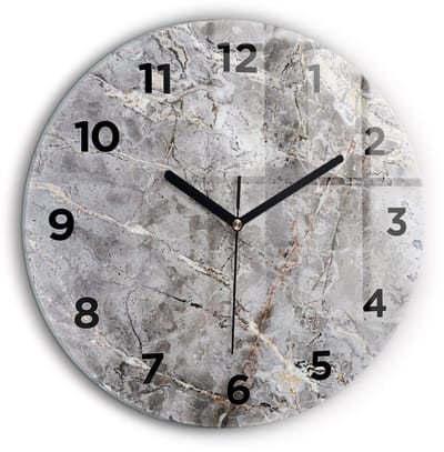 Wallfluent Wandklok - Grijs graniet marmer Klok met Print - 60 cm x 60 cm - Grijs Wandklok - Zwarte Handen - Wandklok Met Cijfers - Kinder Wandklok Glas - Ronde Glas Klok - Scandinavisch Wandklok - Klok met Print