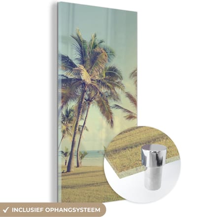 MuchoWow® Glasschilderij 20x40 cm - Schilderij acrylglas - Zee - Palmboom - Zomer - Zon - Strand - Foto op glas - Schilderijen