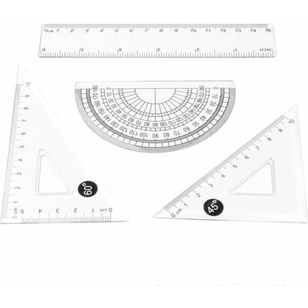 Ensemble de règles de géométrie mathématique en plastique transparent, 4 pièces, comprend une règle droite de 6 pouces et 2 triangles transparent