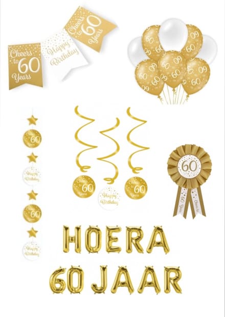 60 jaar verjaardag versiering pakket - goud wit - ballon - vlag – paperdreams