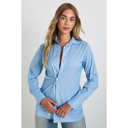boohoo Dames Geweven Gouden Knoop Asymmetrisch Shirt | Blue | Maat: 6