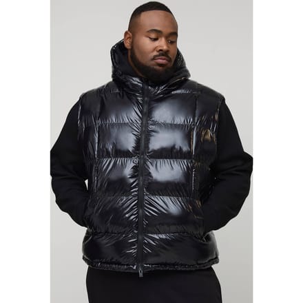 Plus Regular Fit High Shine Geplocht Met Capuchon Puffer Gilet | Black | Size 2XL